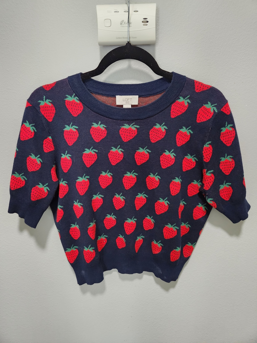 LOFT Navy Short-Sleeve Sweater with Red Strawberry Print